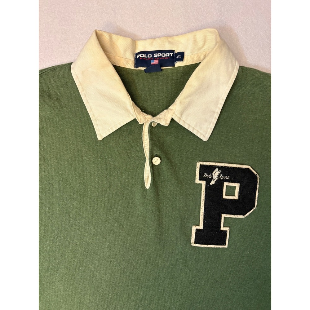 Vintage Polo Sport Ralph Lauren 67 P Wing Varsity Patch Green Rugby Shirt XXL